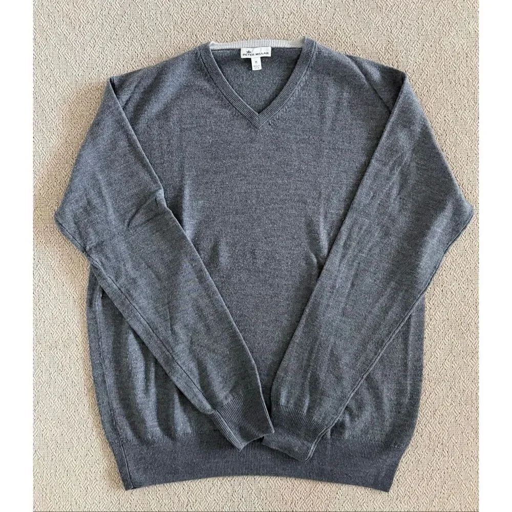 Peter Millar Crown Soft Merino Wool Silk V-Neck Sweater Gray Medium